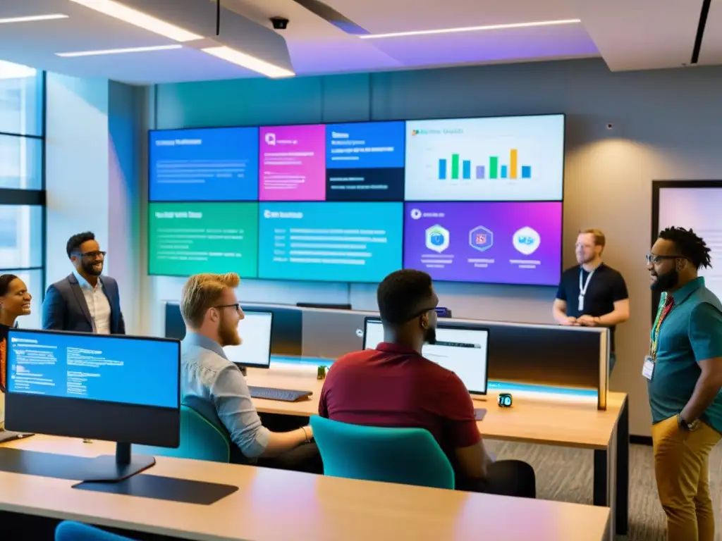 Equipo de desarrolladores colaborando en un espacio moderno, con displays digitales y vista a la ciudad