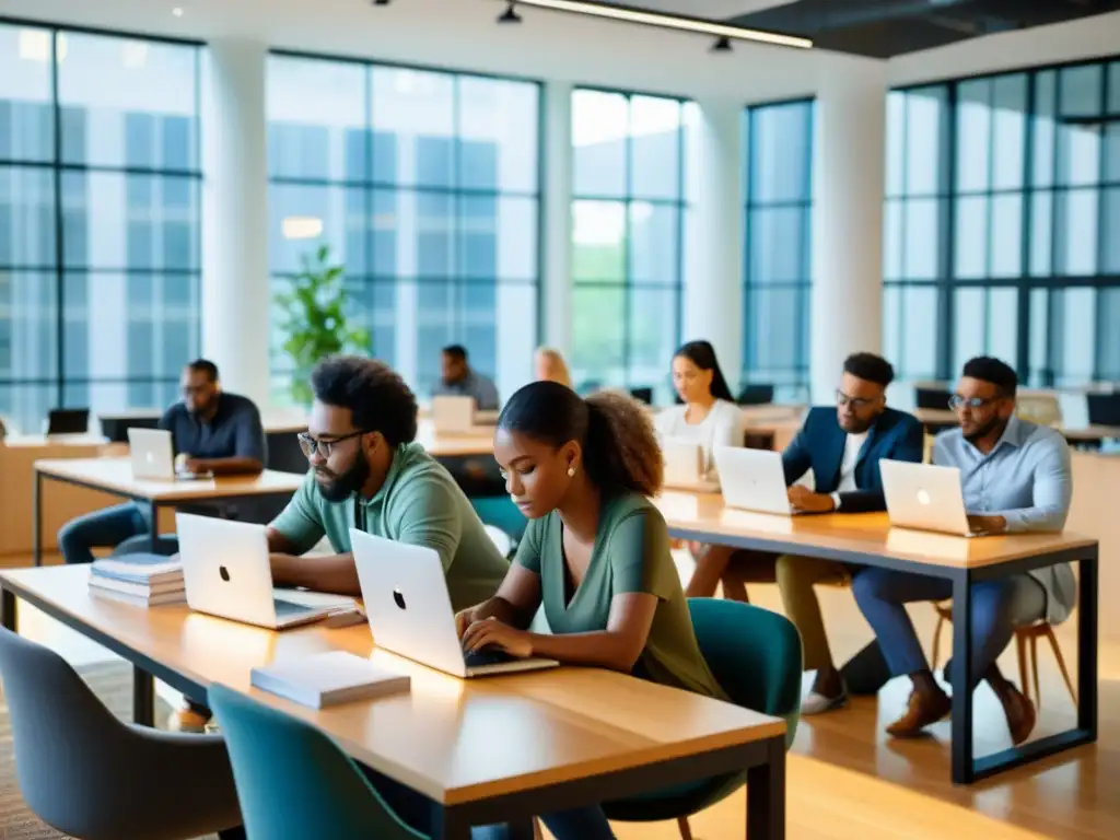 Un equipo de desarrolladores trabajando juntos en una gran mesa comunal, inmersos en sus laptops y rodeados de libros y notas