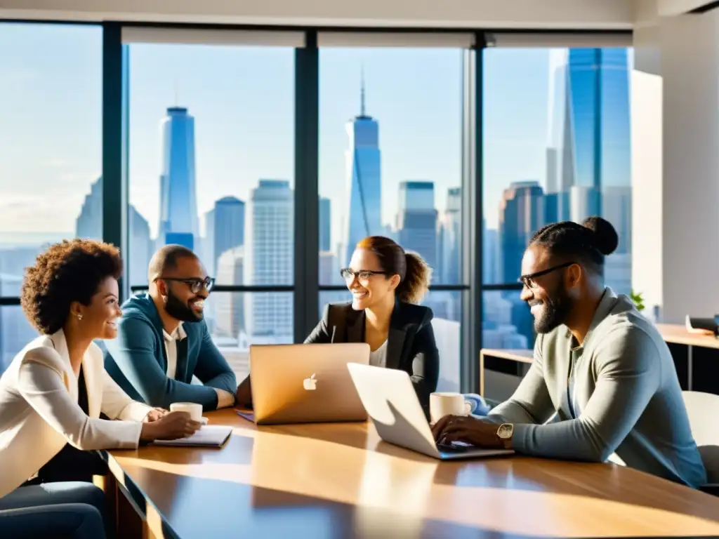 Un equipo diverso y colaborativo discutiendo en una oficina moderna con vista a la ciudad