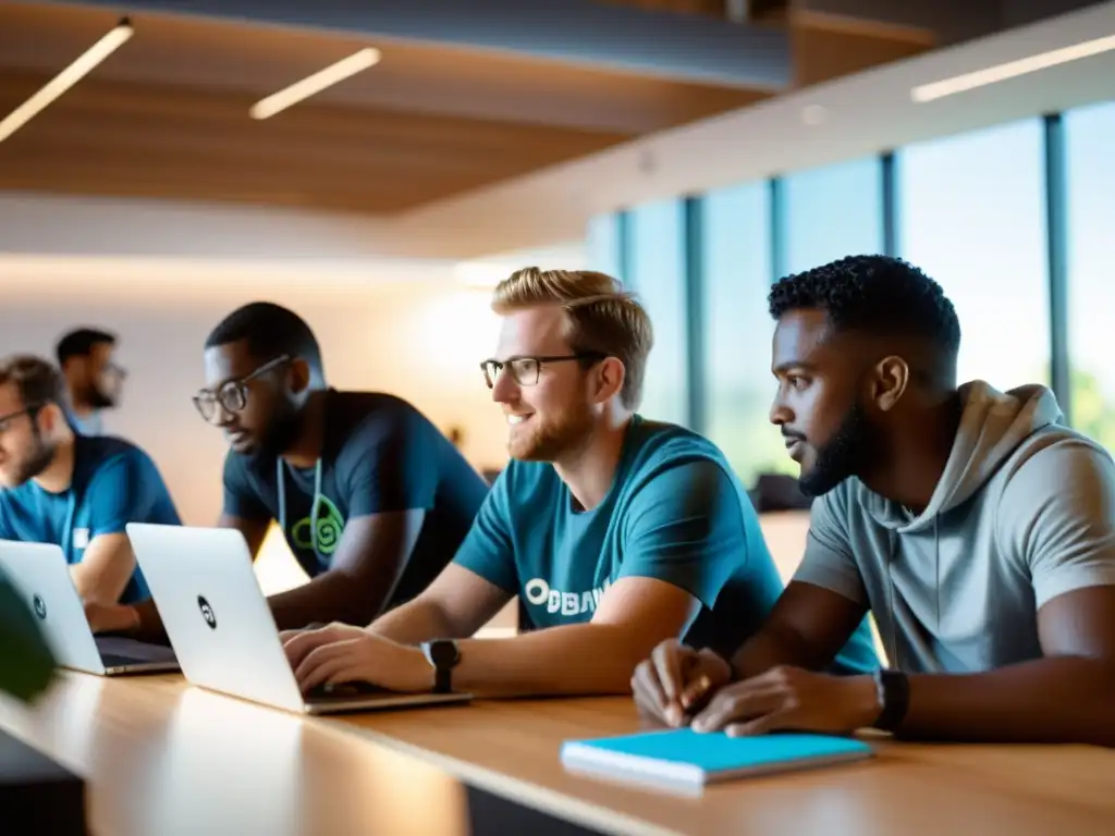 Un equipo diverso de desarrolladores colabora en un espacio de oficina abierto y soleado, mostrando la importancia de Debian en el software libre