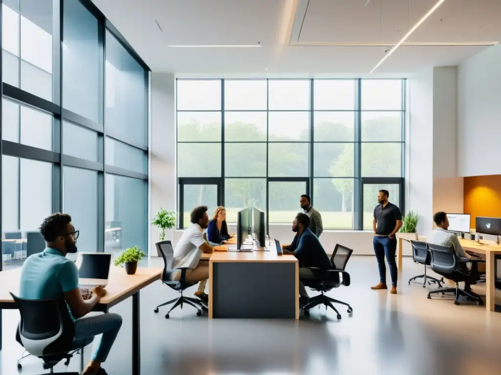 Un equipo diverso de desarrolladores colabora en un espacio de oficina moderno, iluminado por luz natural