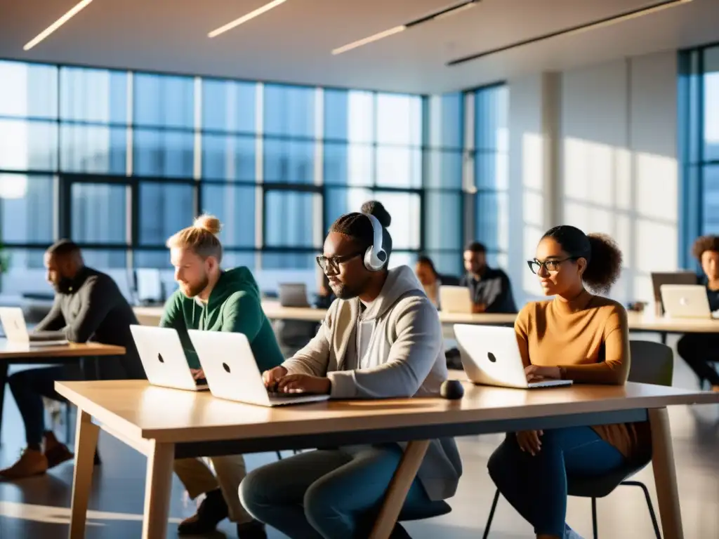 Un equipo diverso colabora en el desarrollo de software libre en una oficina moderna y luminosa