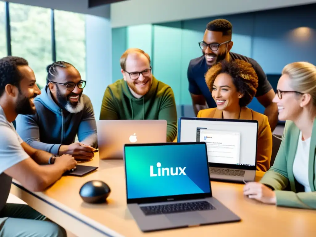 Un equipo diverso colabora con entusiasmo en dispositivos con Linux, mostrando los beneficios de usar Linux para todos