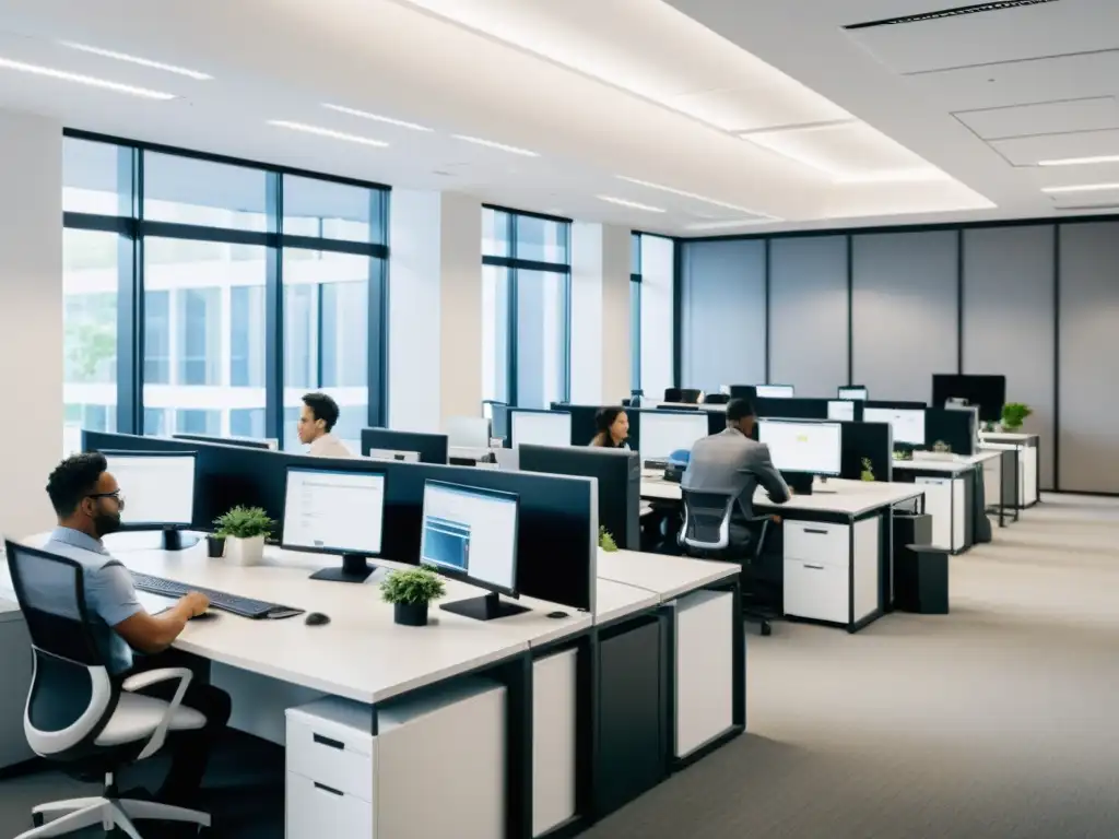 Oficina dinámica: equipo diverso resolviendo problemas Un equipo diverso colaborando en un espacio de oficina minimalista, mostrando eficiencia y éxito empresarial con planes de soporte extendido Linux