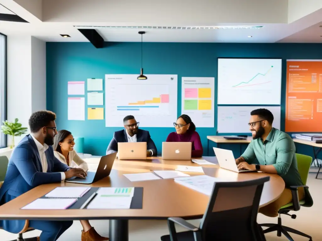 Un equipo diverso colabora en una oficina moderna, discutiendo y resolviendo problemas