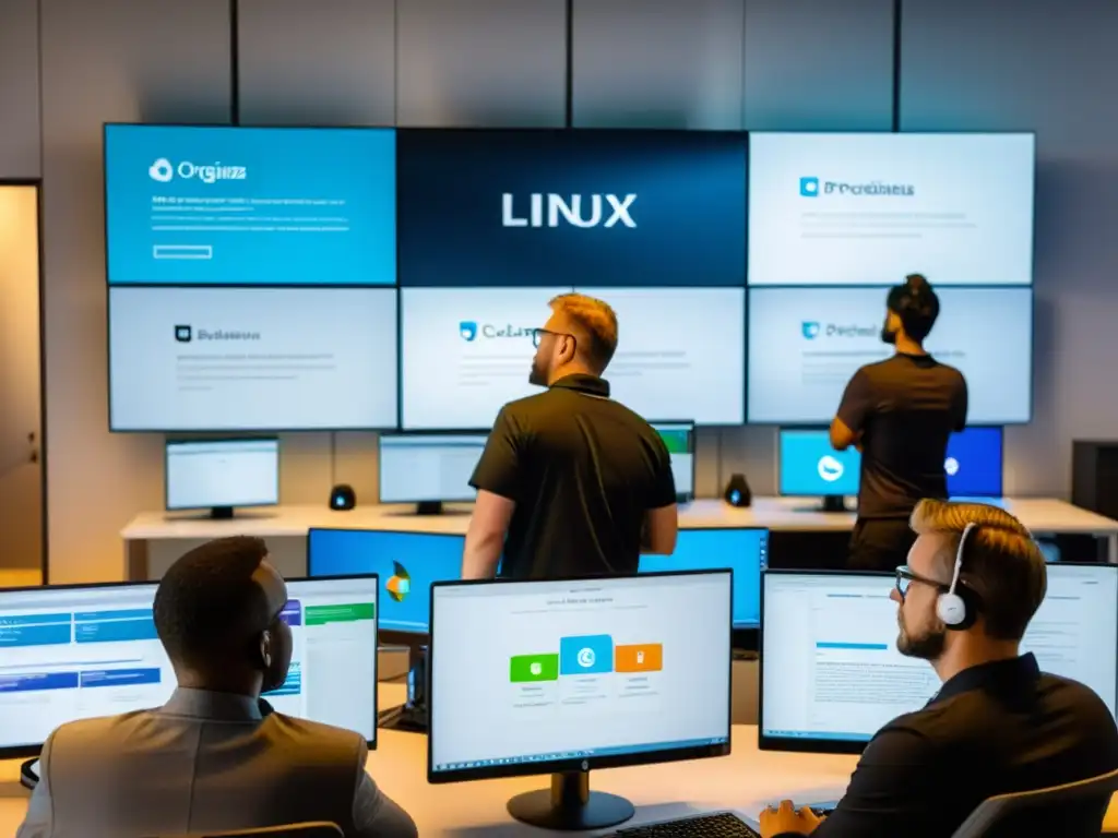 Equipo IT colaborando en soporte Linux Un equipo diverso de profesionales de IT trabaja colaborativamente en una oficina moderna, rodeados de monitores con distintas distribuciones de Linux