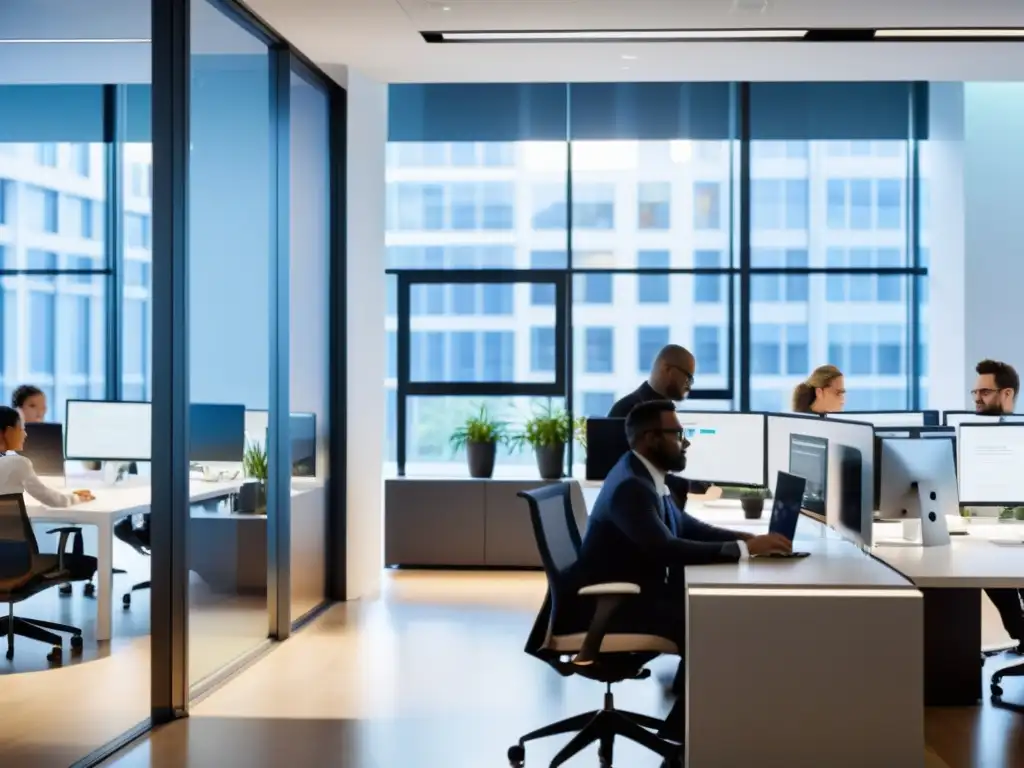 Equipo diverso de profesionales de IT trabajando juntos en una oficina moderna, implementando servicio soporte sistemas operativos alternativos