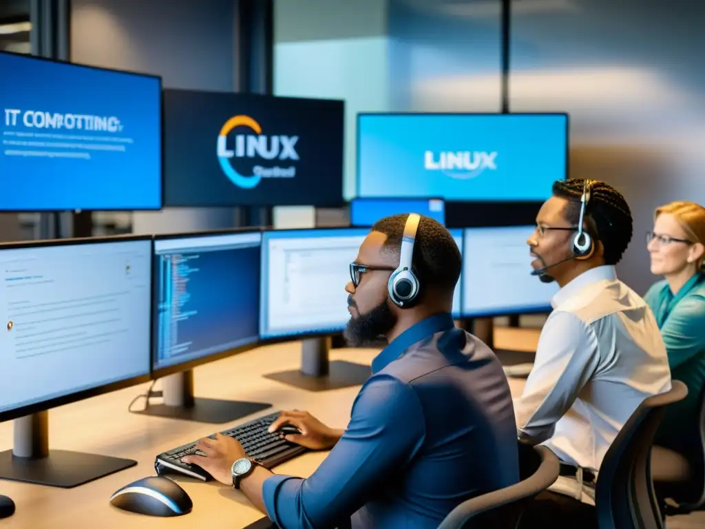 Equipo de profesionales de IT colaborando con Linux Un equipo diverso de profesionales de TI colabora en una oficina moderna, con pantallas de ordenador mostrando sistemas operativos Linux y código
