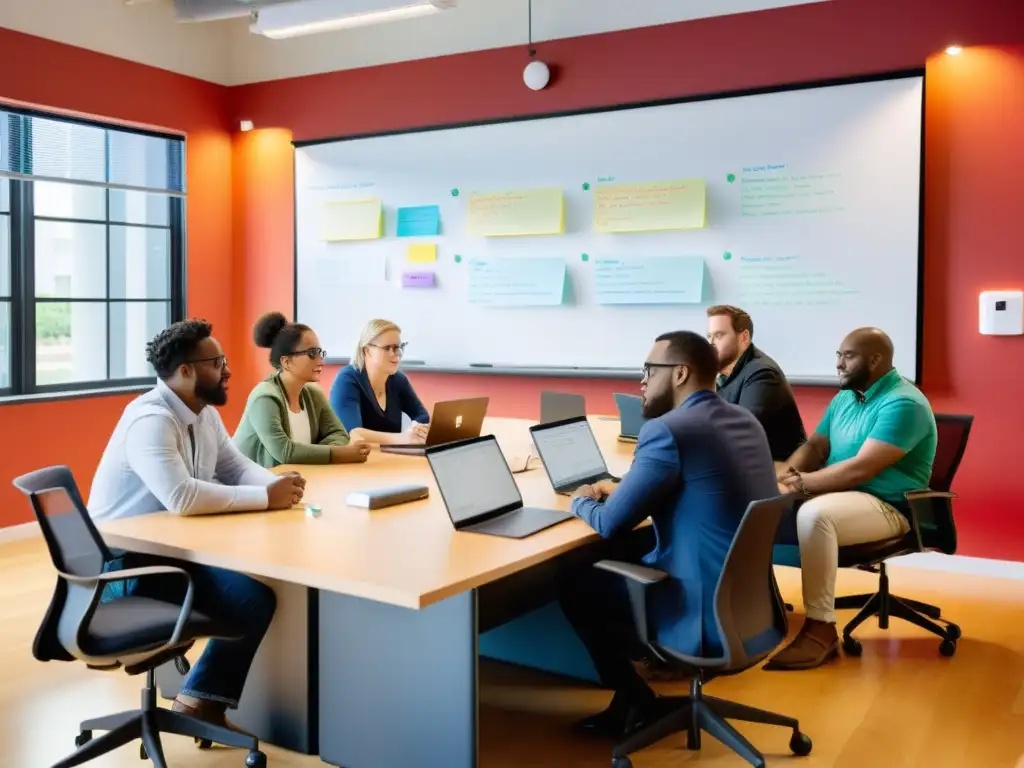 Un equipo diverso de profesionales colabora en un proyecto de documentación Linux en una sala llena de luz natural y pizarras llenas de diagramas