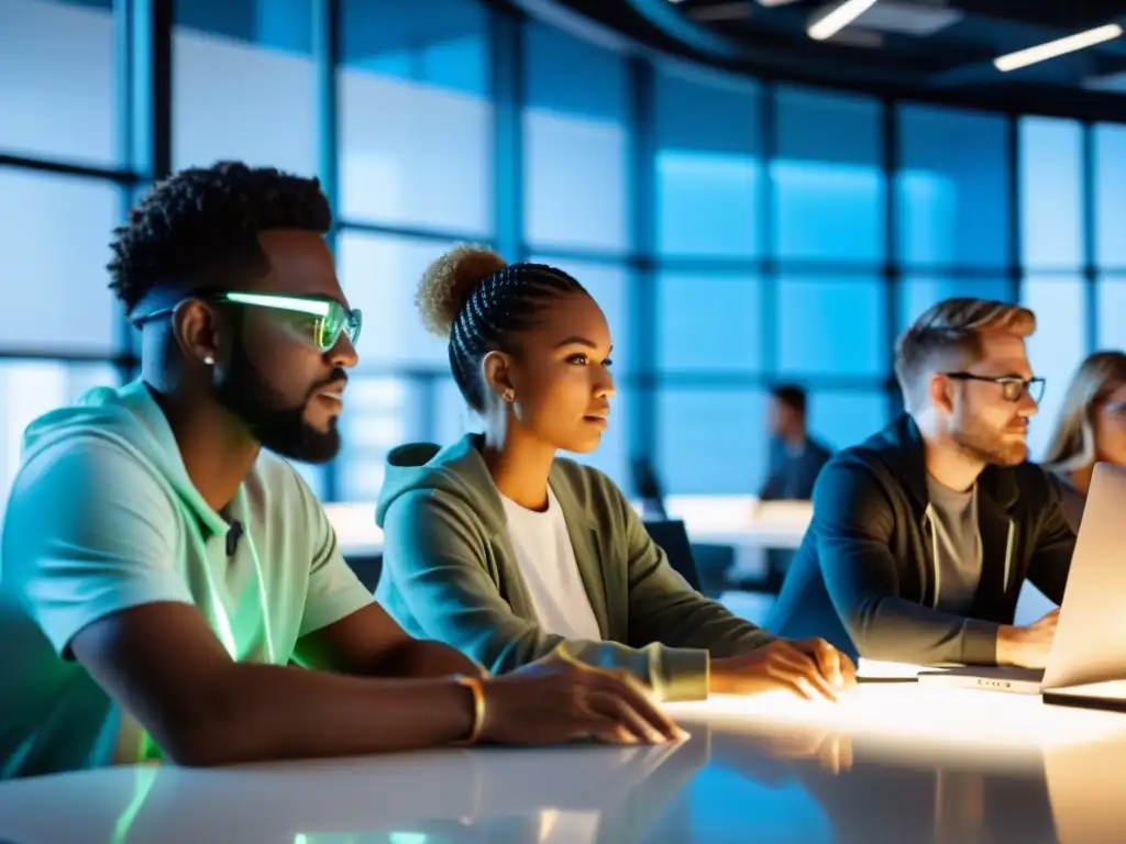 Un equipo diverso colabora en programación, con pantallas iluminadas y atmósfera de innovación