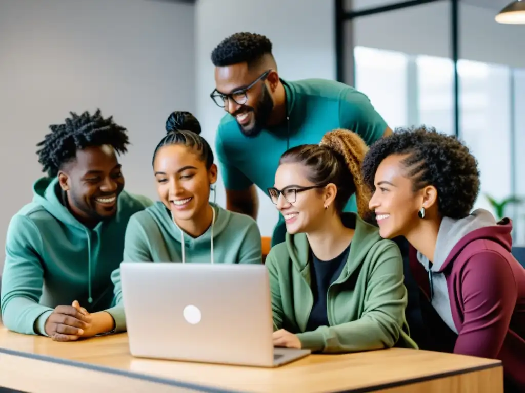 Un equipo diverso colabora en un proyecto de codificación en un espacio moderno y acogedor, reflejando la inclusión en proyectos de código abierto