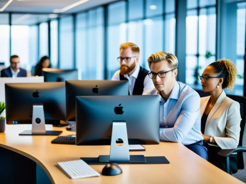 Equipo de profesionales de TI colaborando en oficina moderna Un equipo de profesionales de TI colabora en un entorno de oficina moderno, rodeado de tecnología de vanguardia