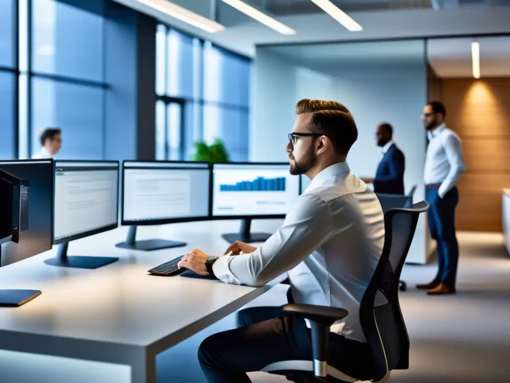 Profesionales de IT colaborando en un espacio moderno y minimalista Un equipo de profesionales de IT discute estrategias de soporte extendido Linux en una oficina moderna y minimalista