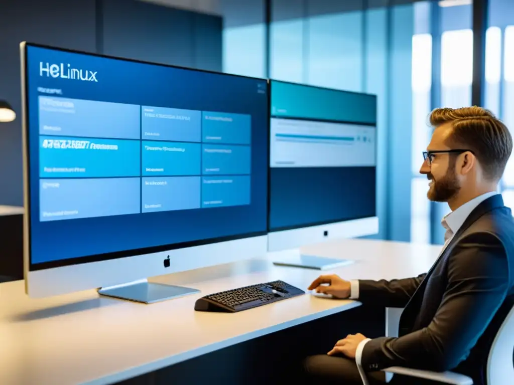 Un equipo de profesionales de IT colaborando en un elegante entorno de oficina, analizando soluciones helpdesk Linux para empresas