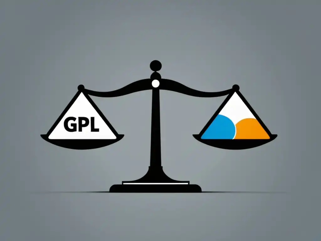 Dos escalas equilibradas con logos de software, representando las diferencias entre licencias GPL y LGPL en el mundo del software de código abierto