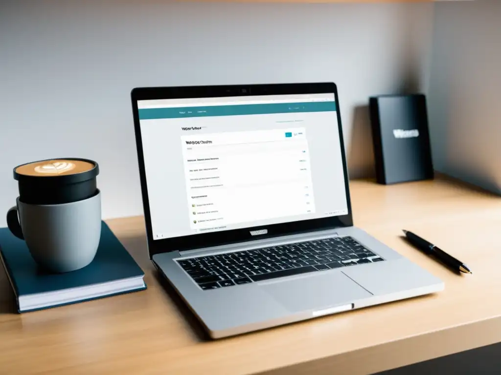 Escena profesional y enfocada con un portátil mostrando Plugins de WordPress para Tiendas Virtuales, en un entorno limpio y moderno con café y libreta