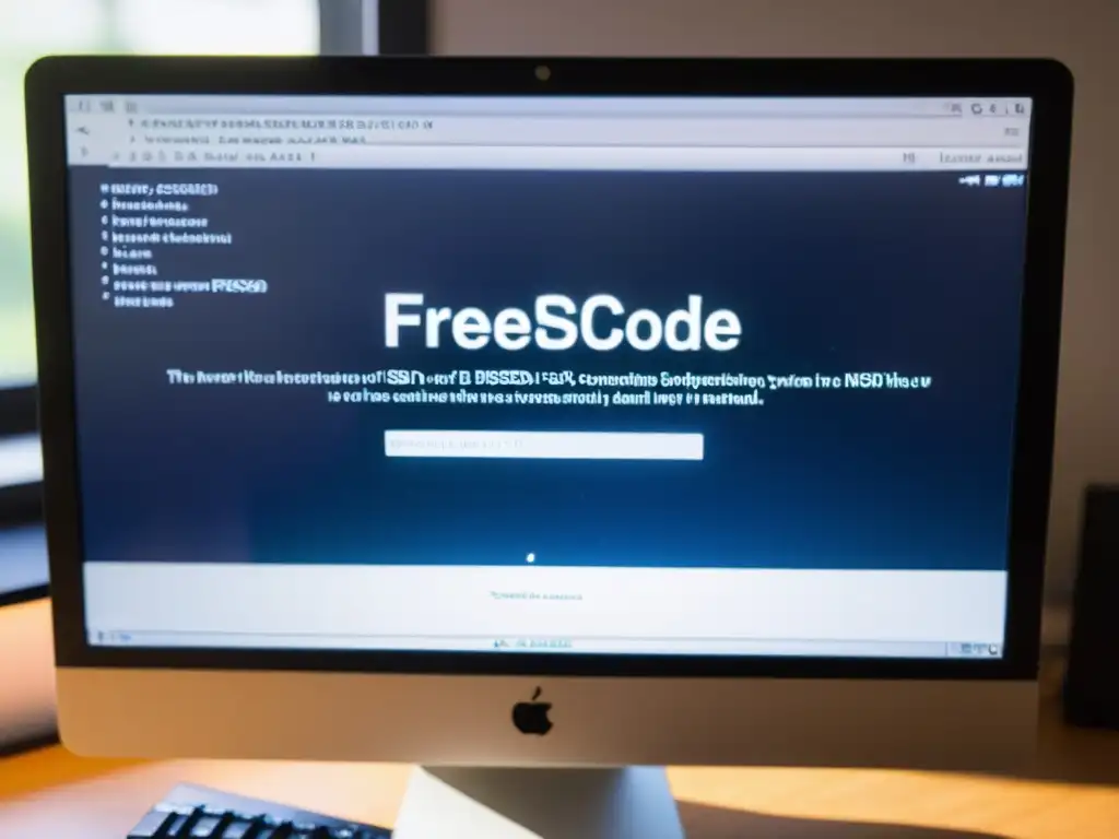 Escena de trabajo minimalista con pantalla mostrando el código fuente del sistema operativo FreeBSD y la Licencia BSD libertades explicadas