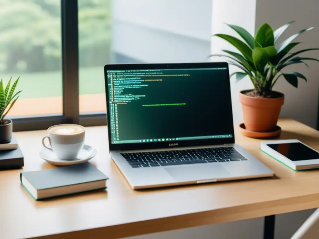 Un escenario minimalista y profesional de un escritorio de desarrollador en Linux, con herramientas de desarrollo, eficiencia y un ambiente acogedor