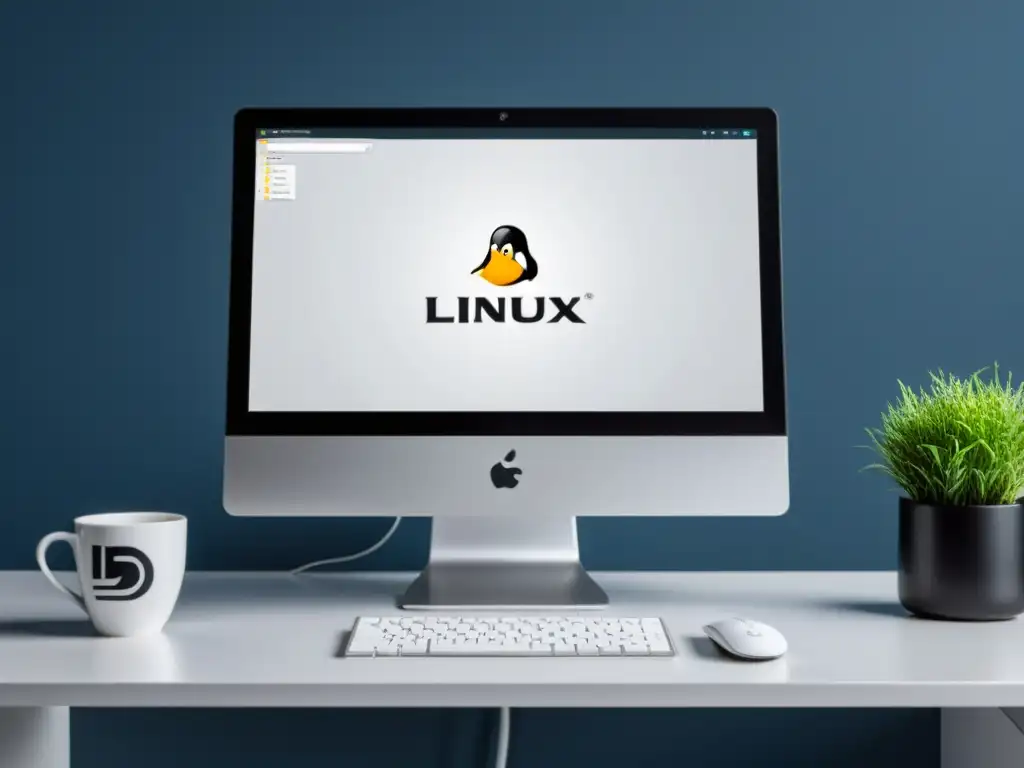 Escritorio profesional con logotipos de Linux y BSD Escritorio de computadora con logos de Linux y BSD, ambiente profesional y eficiente para CRM en sistemas operativos alternativos