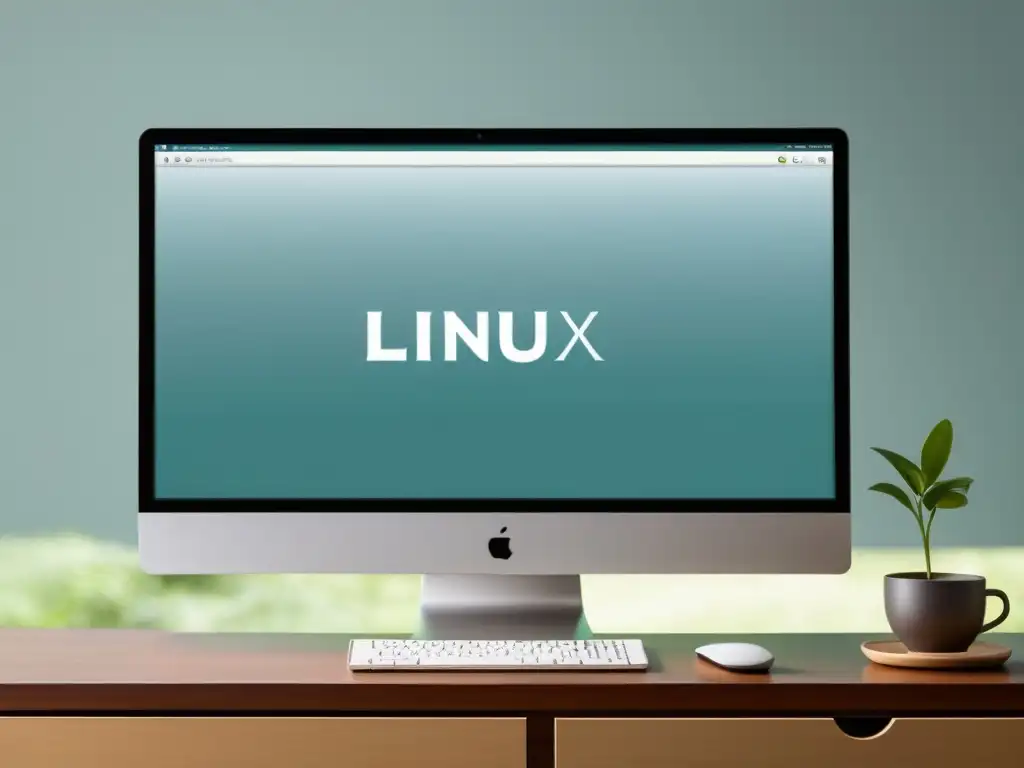 Un escritorio Linux de alta resolución con una interfaz publicitaria minimalista y profesional