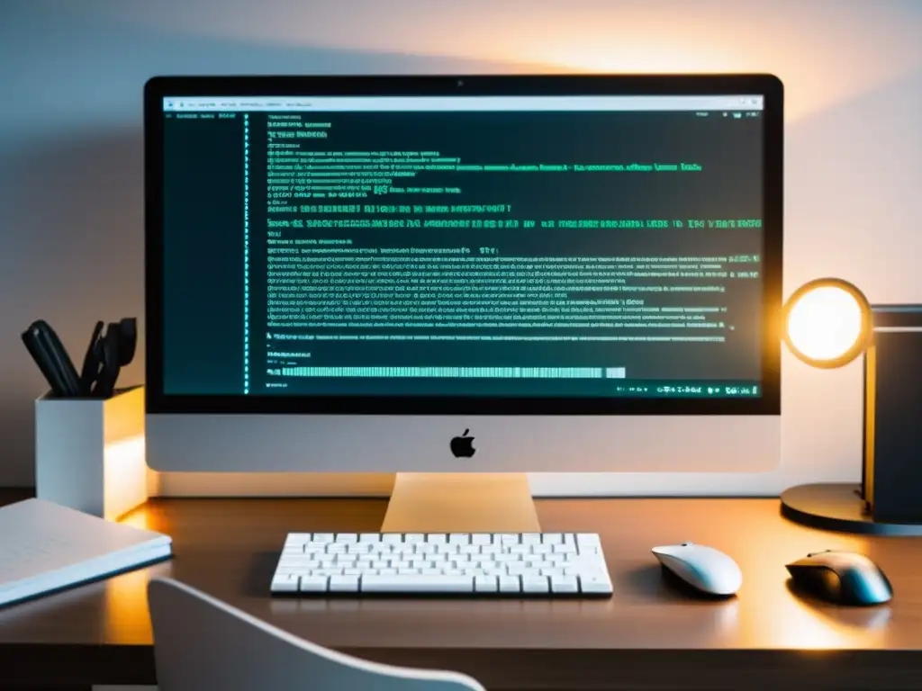 Entorno de trabajo minimalista con pantalla de código Escritorio limpio y moderno con pantalla de computadora mostrando código