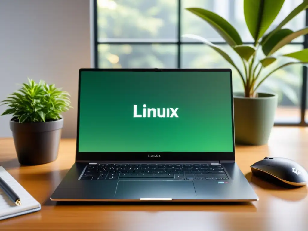 Escritorio minimalista con laptop Linux y antivirus compatibles sistemas operativos alternativos, iluminado suavemente