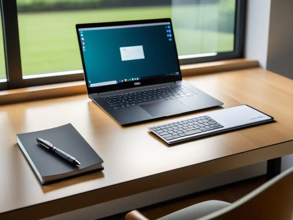 Escritorio minimalista con laptop BSD y notas Escritorio minimalista bañado por la luz natural, con laptop moderna mostrando la interfaz del sistema BSD