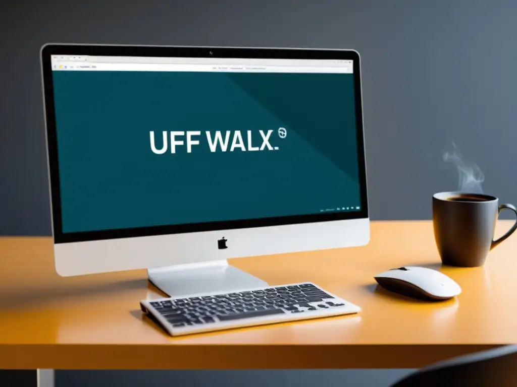 Escritorio Linux seguro: UFW e Iptables en acción Un escritorio de Linux minimalista muestra configuraciones de firewall UFW e Iptables, junto a un espacio organizado con café, cuaderno y pluma