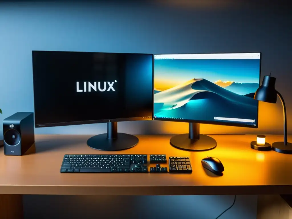 Escritorio minimalista con dual monitor, mostrando virtualización de Linux y BSD