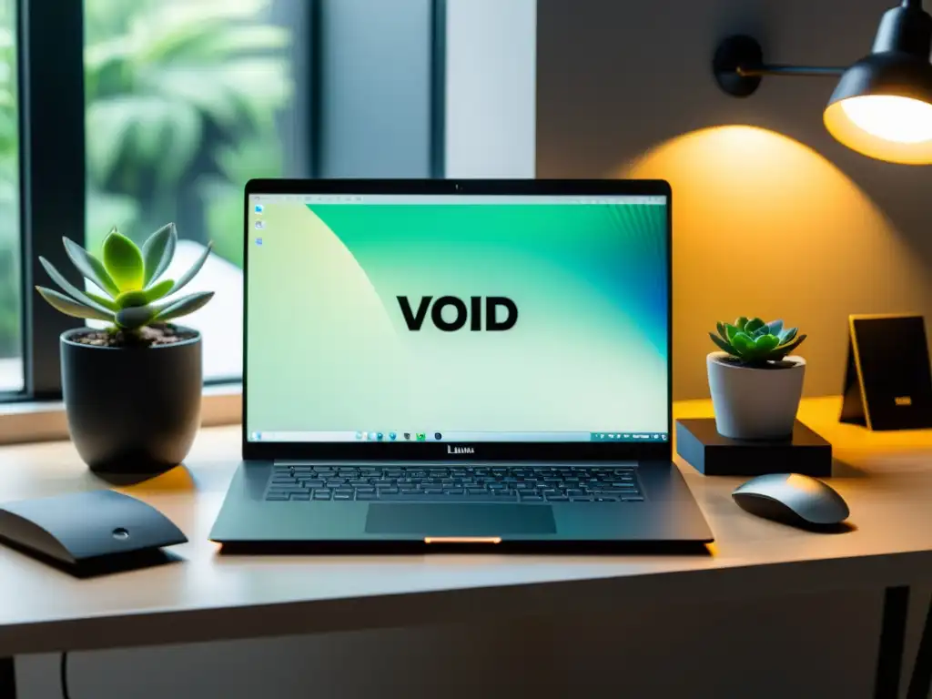 Un escritorio minimalista con una laptop abierta mostrando Void Linux