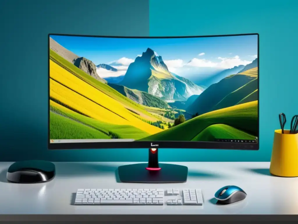 Escritorio moderno con Sabayon Linux, interfaz visual, montañas vibrantes, ambiente profesional y acogedor