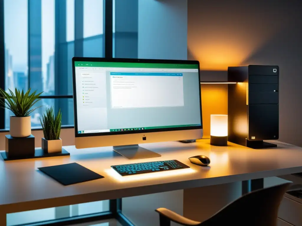Escritorio de oficina moderno con CRM Linux en 8k Escritorio moderno con CRM en sistema operativo alternativo, organizado y eficiente, bañado por luz suave