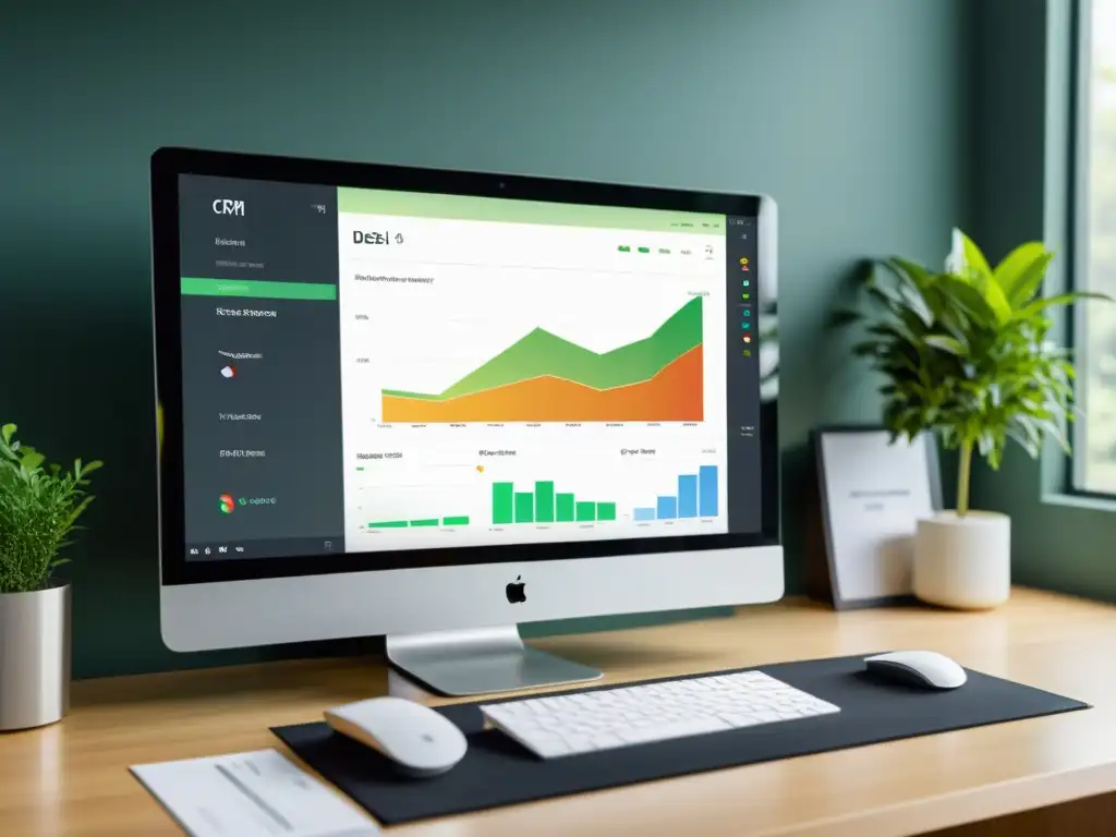 Oficina moderna: CRM eficiente y elegante Escritorio de oficina moderno con monitor CRM en sistema operativo alternativo