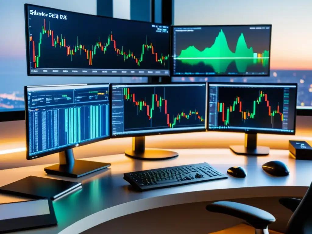 Escritorio de trader con plataformas de trading para Linux, ambiente profesional y eficiente con monitores y computadora