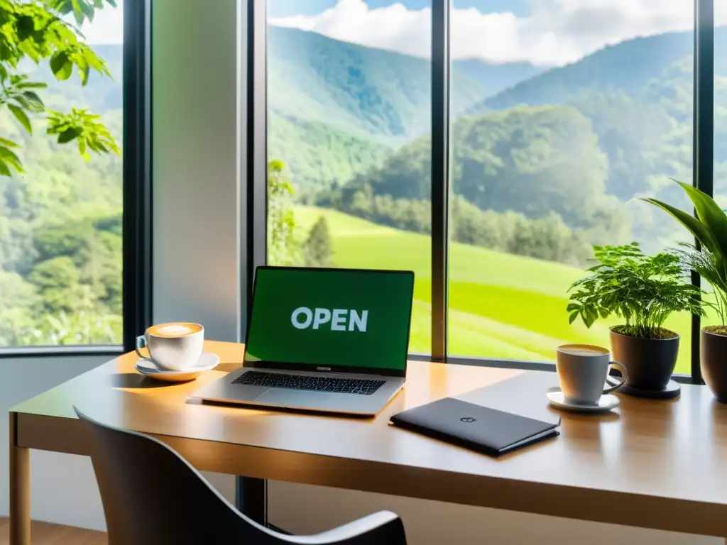 Un escritorio soleado con vistas a un bosque verde, una laptop Linux y una taza de café