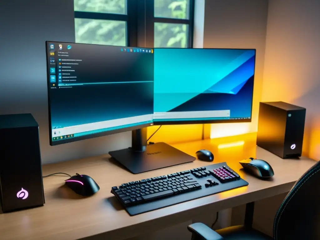 Setup de Juegos en Linux: Escritorio Minimalista de Alta Resolución Un espacio de juego para Linux con una estética moderna y limpia, bañado por luz natural