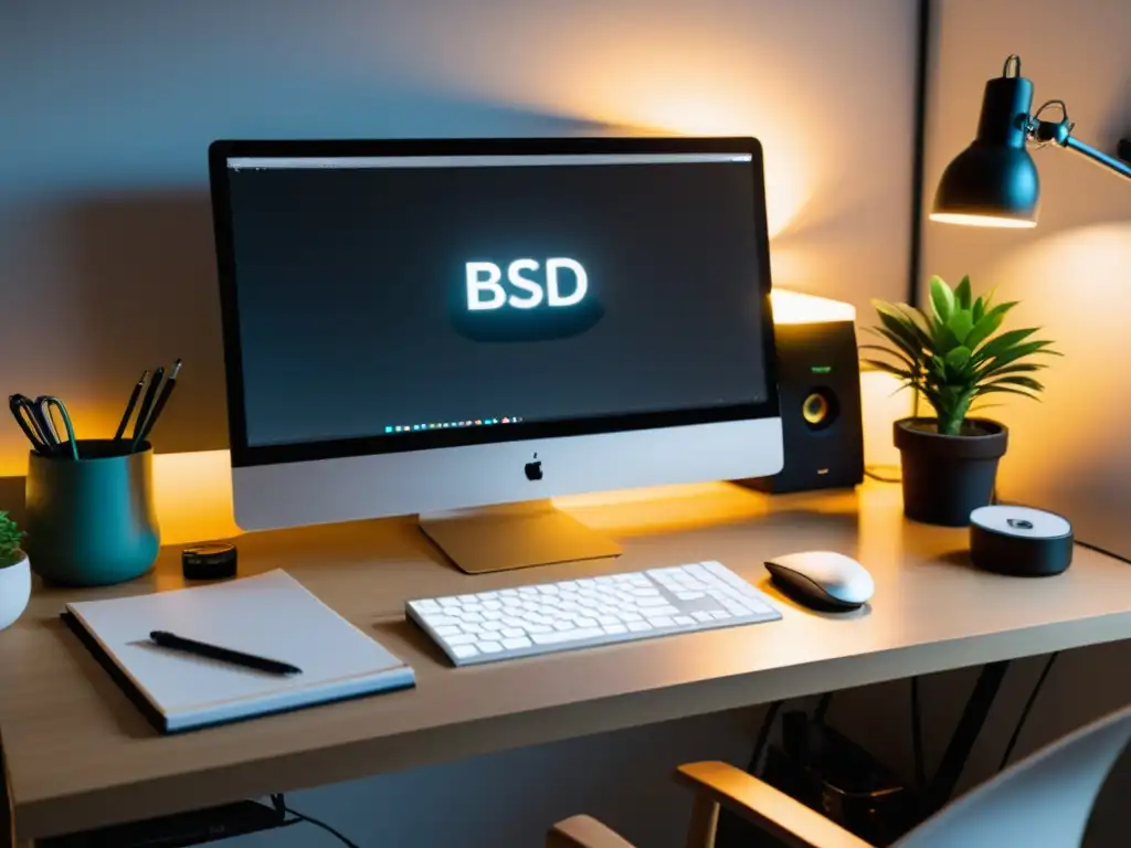 Un espacio de trabajo de artista digital minimalista con software libre para artistas digitales BSD en pantalla, tableta gráfica y lápiz