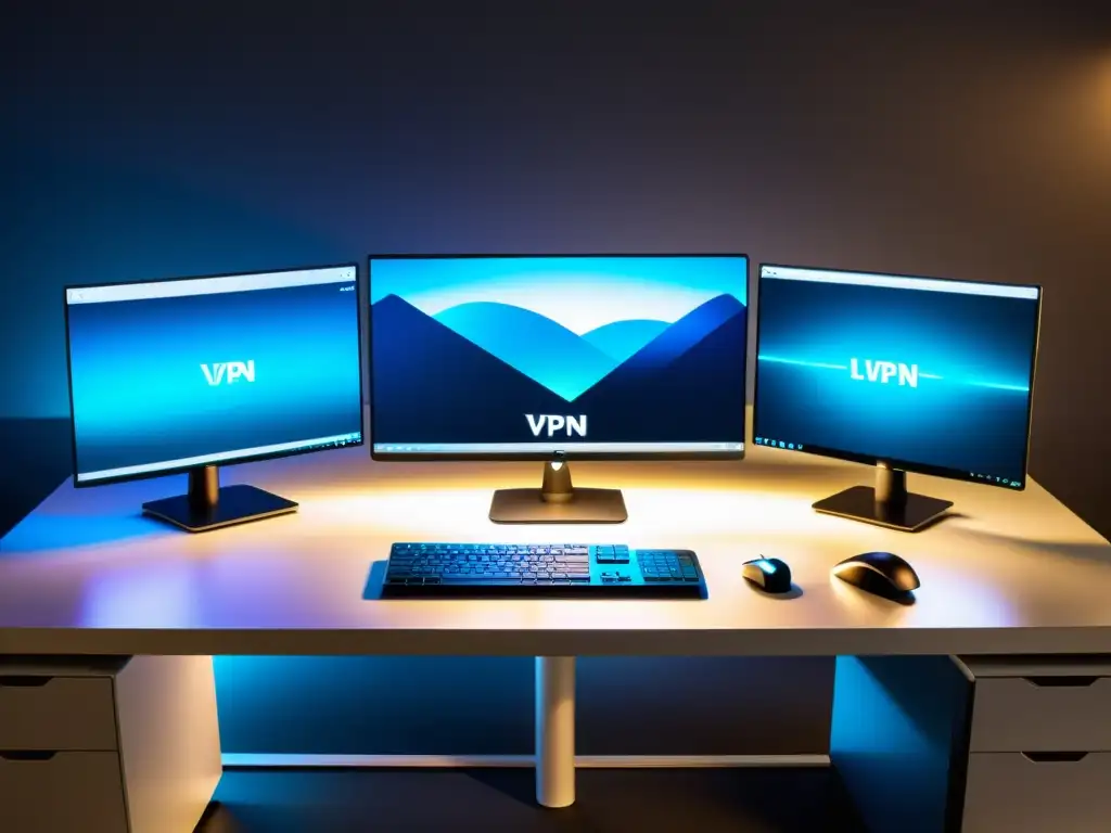 Un espacio de trabajo futurista con configuración avanzada de VPN en Linux y equipo de red de vanguardia, iluminado con un ambiente profesional