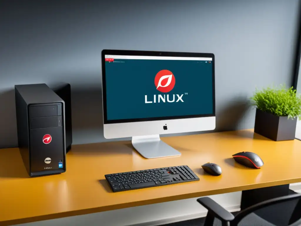 Espacio de trabajo IT profesional con certificación CompTIA Linux+ en pantalla, ambiente cálido y organizado