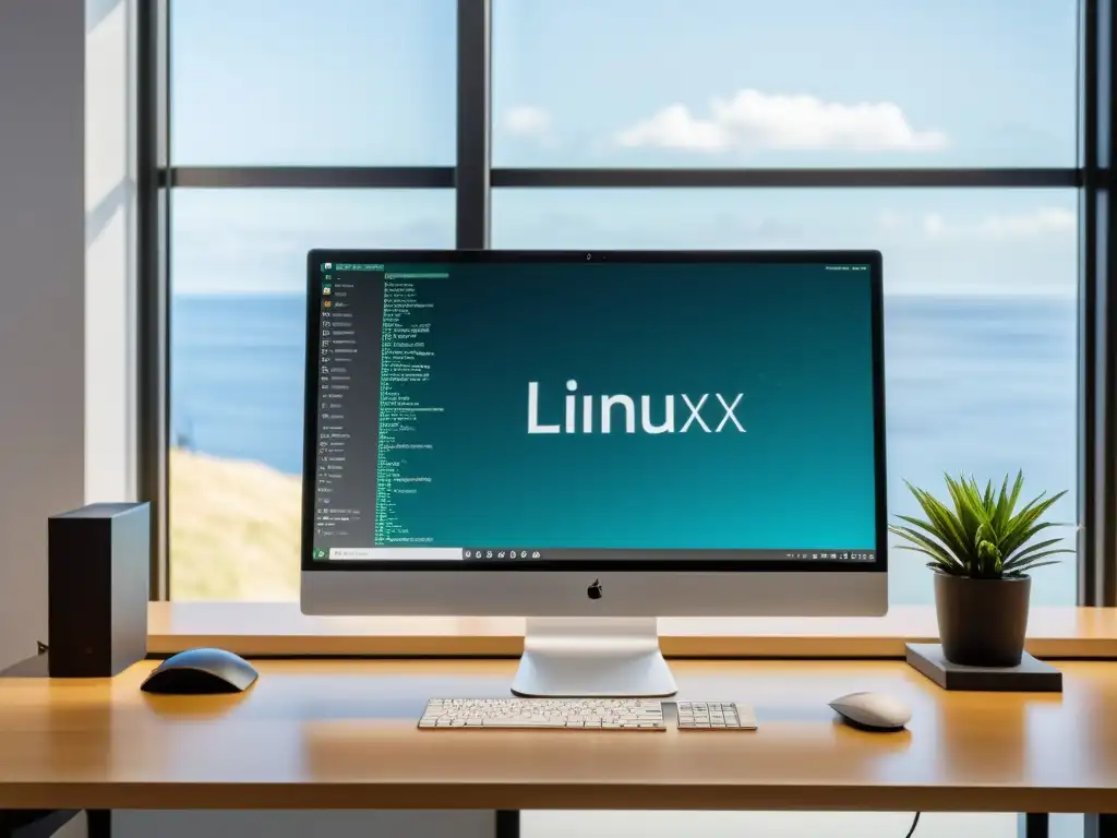 Un espacio de trabajo minimalista con una elegante computadora y la eficiencia de Linux