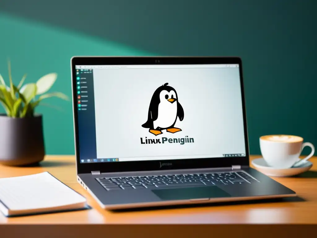 Un espacio de trabajo minimalista con un elegante portátil mostrando código y el logo del pingüino de Linux, transmitiendo calma y concentración