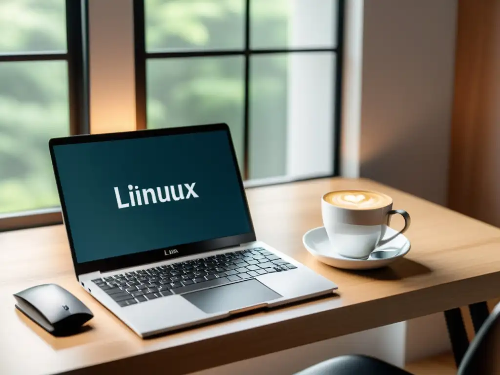 Un espacio de trabajo minimalista con una elegante laptop Linux, un teclado mecánico, un bloc de notas y una taza de café, bañado en luz natural