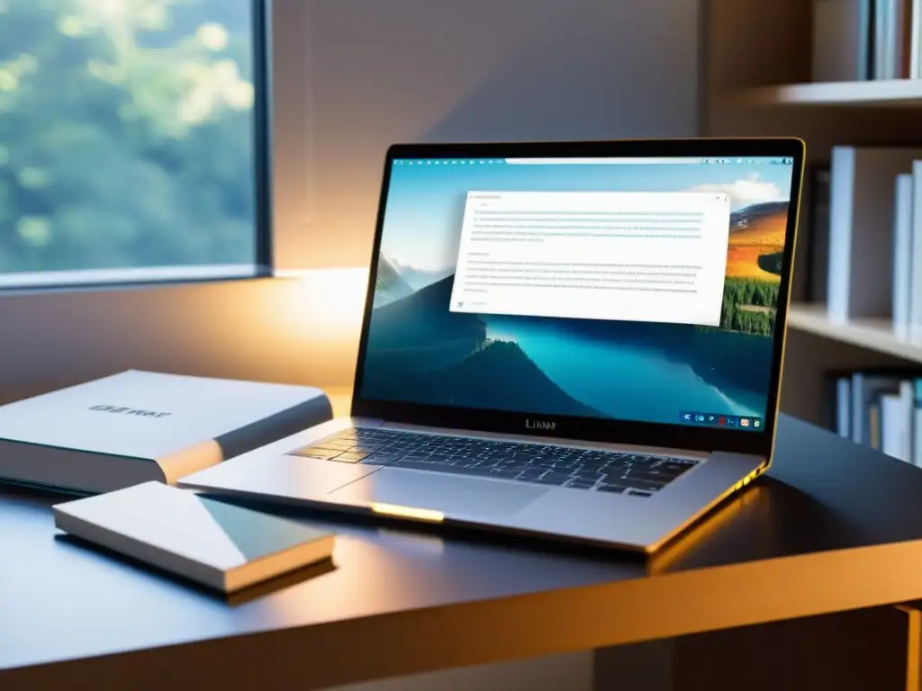 Espacio de trabajo minimalista con laptop Linux, libros de programación y ambiente sereno