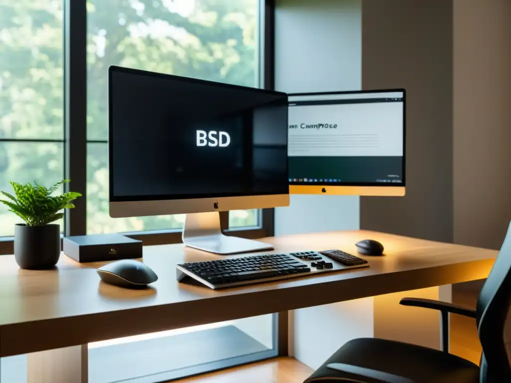 Un espacio de trabajo minimalista y moderno con herramientas de productividad para usuarios de BSD, iluminado por luz natural y con una vista serena al aire libre a través de la ventana