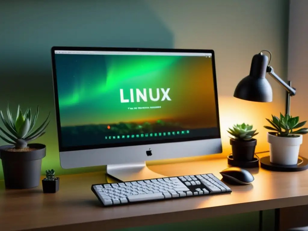 Espacio de trabajo minimalista con monitor de alta resolución mostrando comandos de Linux para productividad en un ambiente enfocado y productivo