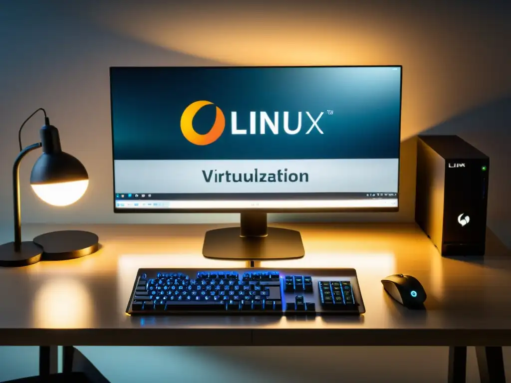 Un espacio de trabajo minimalista con virtualización en Linux, ordenado y eficiente, iluminado suavemente