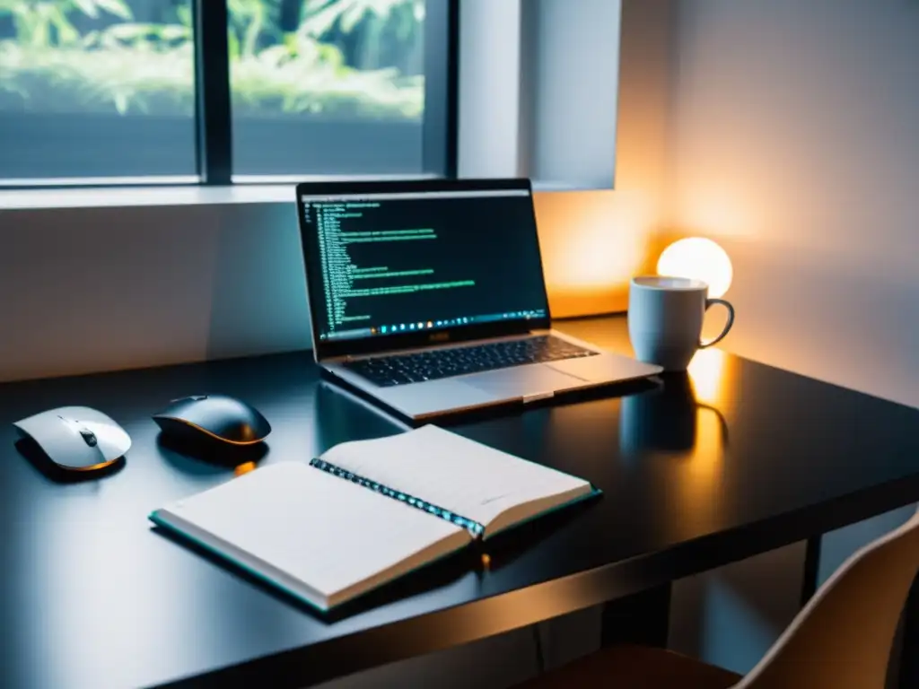 Escritorio minimalista con BSD: eficiencia profesional Un espacio de trabajo minimalista con un ordenador BSD iluminado por luz natural