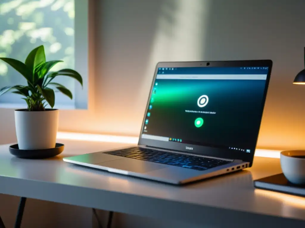 Espacio de trabajo minimalista con laptop Linux y código en pantalla Espacio de trabajo minimalista con laptop Linux, código en pantalla, café y planta