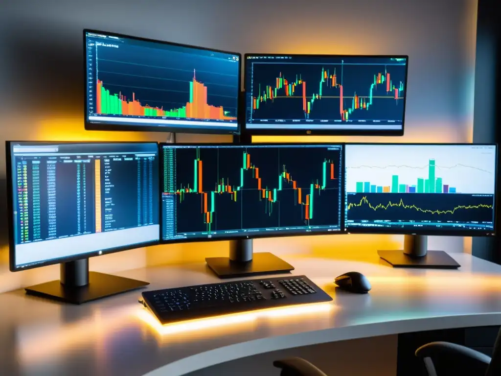 Un espacio de trabajo minimalista de plataformas de trading en Linux, con monitores mostrando gráficos financieros