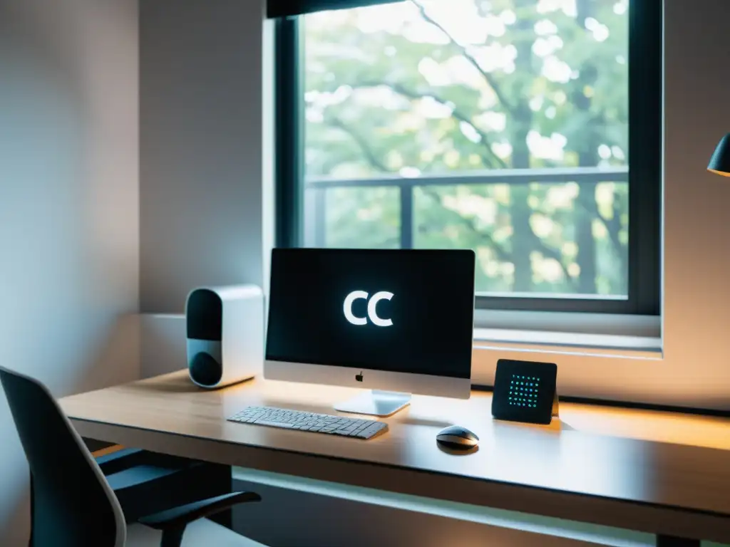 Escritorio minimalista para programador: ambiente sereno y enfocado Un espacio de trabajo minimalista y sereno para programación en sistemas BSD con C#